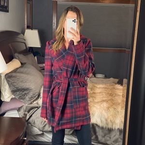 Jack Flannel Print Long Sleeve Coat with Hood & Belt